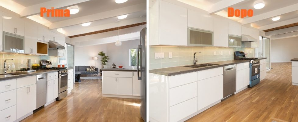Before and After photo of newly installed and decorated modern w