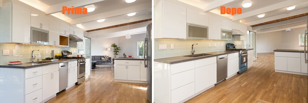 Before and After photo of newly installed and decorated modern w